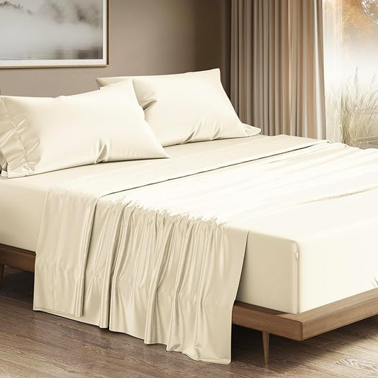 THREAD SPREAD 100% Egyptian Cotton Sheets California King Size - 1200 Thread Count Cal King Size Sheets Set, 4 PC Luxury Bedsheet (Ivory), Soft, Cooling, 17" Deep Pocket Sateen Weave Bedsheet Set
