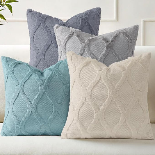 decorUhome Set of 4 Throw Pillow Covers 16x16 Inch, Neutral Decorative Soft Plush Faux Wool Couch Pillow Covers, Farmhouse Pillow Cases for Living Room Bed Sofa (Beige/Grey)