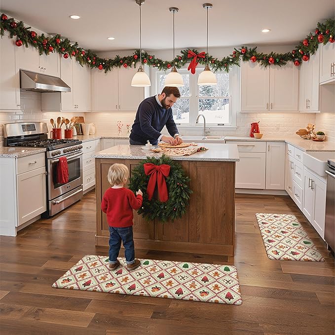 GENIMO Christmas Decorations - Kitchen Mats for Floor, 2PCS Christmas Kitchen Rugs, Cushioned Anti Fatigue Mat for Home Decor, Waterproof Non Slip Standing Mat for Laundry, 17.3"x47"+17.3"x30", Red
