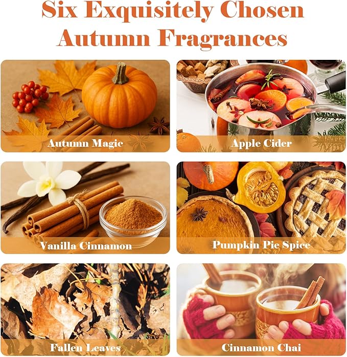 AmaKane Fall Fragrance Oil, Autumn Essential Oils for Diffuser, Soap Candle Making Scents, Pumpkin Pie Spice, Vanilla Cinnamon, Apple Cider, Fallen Leaves, Autumn Magic, Cinnamon Chai, 6x10 ml