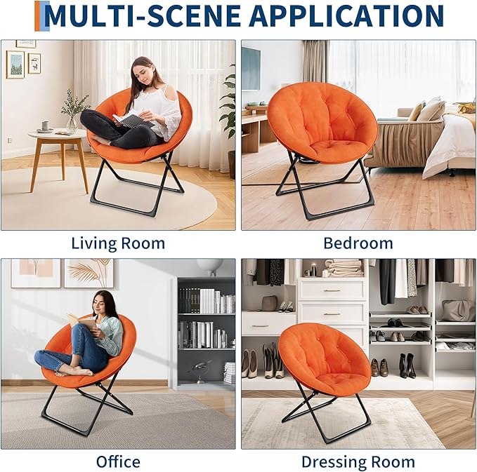 Saucer Chair, Oversized Faux Fur Lounge Chair with Gold Metal Frame for Adults, Foldable Comfy Seat for Bedroom, Dorm & Living Room, (Orange)