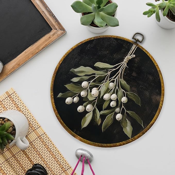 XPH Vintage Moody Christmas Round Wall Art Framed, Dark Academia Mistletoe Circle Wall Decor, Winter Cottagecore Botanical Hanging Canvas Prints for Home Bedroom Living Room Decoration, 10x10 Inch