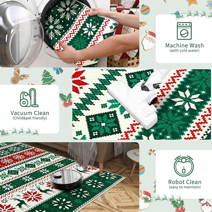 Christmas Living Room Area Rug 8x10 Large Washable Rug Indoor Non-Slip Low Pile Throw Floor Covers Xmas Decorative Boho Accent Rug Farmhouse Rugs Rustic Festival Carpet for Bedroom Dining Room, Green