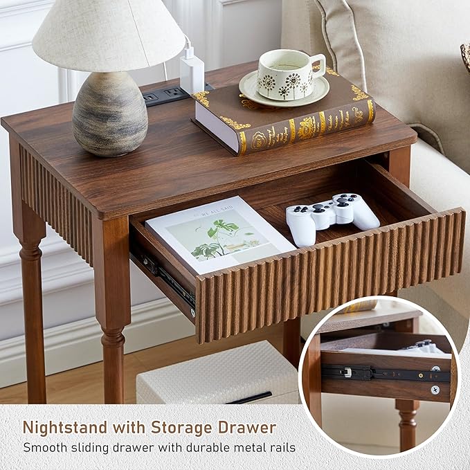 23.6” Large End Table with Charging Station, Modern Farmhouse Side Table Sofa Tables with Fluted Drawer, Wooden Bedside Table Night Stand for Bedroom Living Room Home Office, Walnut