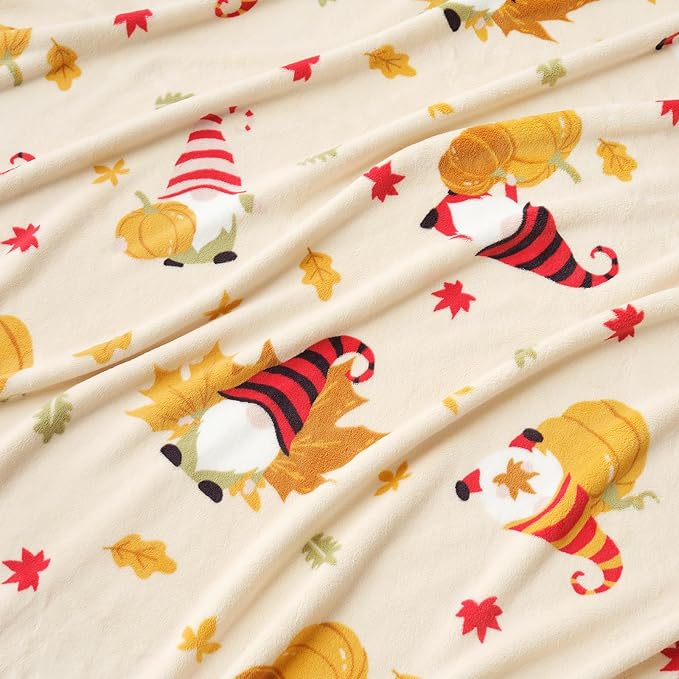 Cozy Bliss Fall Throw Blanket Gnome Pumpkin Harvest Throw Blankets - Warm MilkyPlush™ Throws,Ultra Soft Cozy Maple Blankets for Couch,Sofa,Beige,50X60 inches