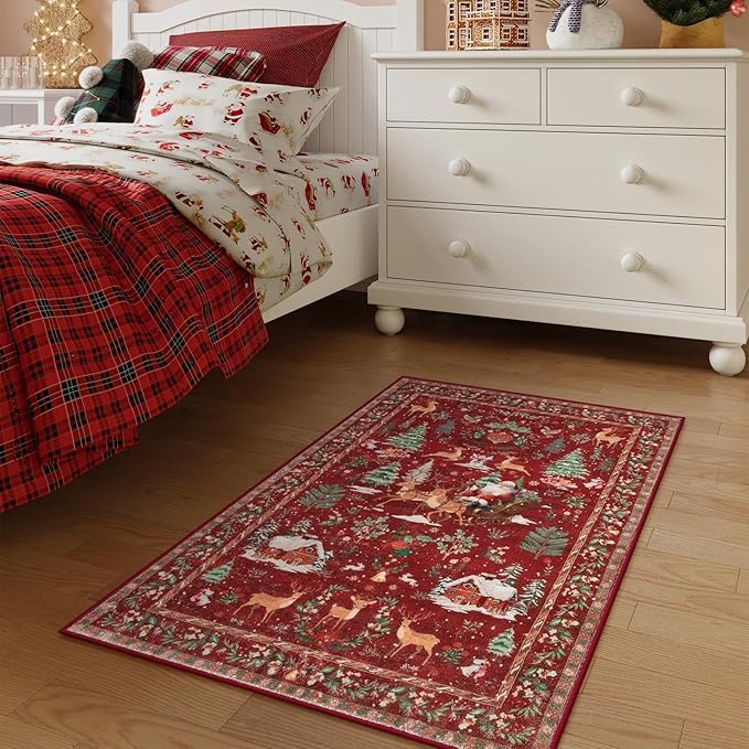 Lahome Indoor Christmas Rug 2x3 Small Kitchen Bathroom Rugs for Entryway,Washable Soft Non-Slip Christmas Tree Santa Claus Area Rug,Door Mat for Winter Living Room Bedroom Holiday Decor(2x3,Red)