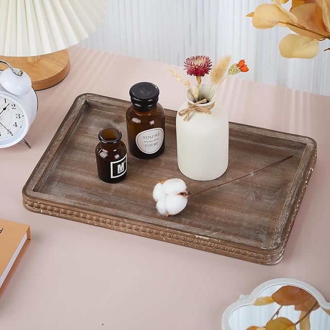 15.4" Rectangular Farmhouse Wooden Beaded Decorative Tray for Coffee Table, Rustic Wooden Trays for Kitchen Counter, Vintage Centerpiece As Candle Holder and Organizer (Wood, 15.4"x10")
