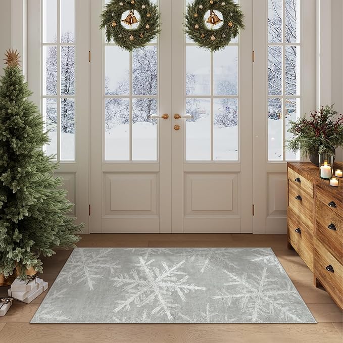 Lahome Snowflake Washable Rugs for Entryway- 2x4 Small Rug Ultra-Thin Soft Door Mat Indoor Entrance Indoor Door Mat, Rubber Backing Throw Carpet Entryway Rug for Kitchen Bathroom Bedroom(2x4ft,Grey)