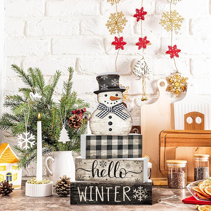 4 Pcs Snowman Christmas Decor Winter Table Decorations Christmas Tiered Tray Decor Winter Centerpiece Decorations Indoor Rustic Wooden Snowman Block Sign Gift Farmhouse for Home Kitchen Shelf