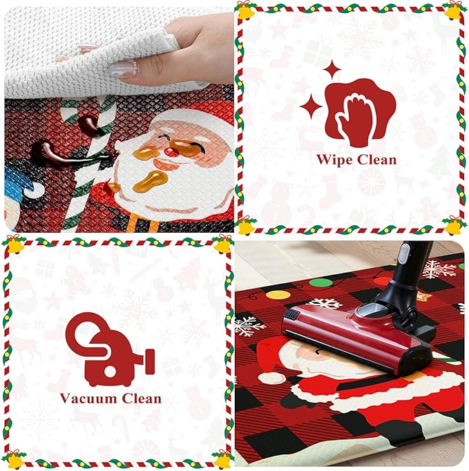Christmas Kitchen Mats Anti Fatigue - Christmas Kitchen Rugs Sets of 2, Santa Claus Cartoon Buffalo Plaid Farmhouse Floor Mat, Non Slip Cushioned Home Christmas Decorations Gift(Red & Black)