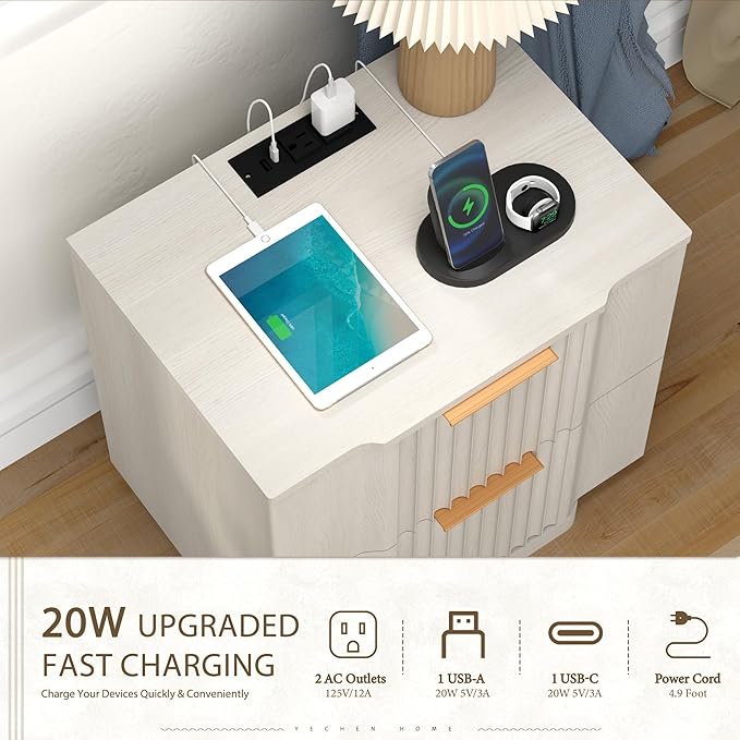 Yechen Fluted Nightstand with 20W Fast Charging Station – Modern Large Night Stand with 2 Storage Drawers, Wide Wood Bedside End Table for Bedroom with Curved Profile Base, White Oak