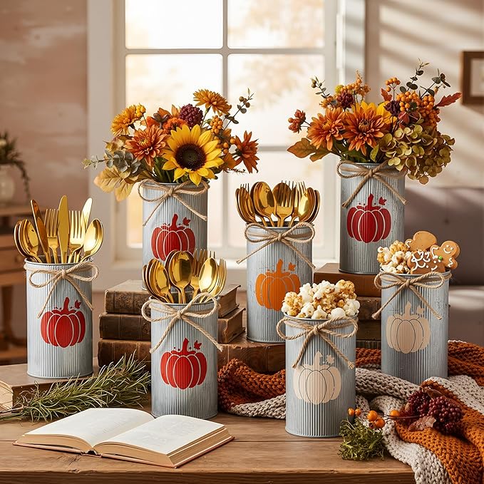 Domensi 6 Pcs Fall Table Centerpiece Pumpkin Vases Thanksgiving Decor Galvanized Metal Vases for Flowers Farmhouse Mason Jars Utensil Holder for Fall Home Thanksgiving Autumn Harvest Decorations