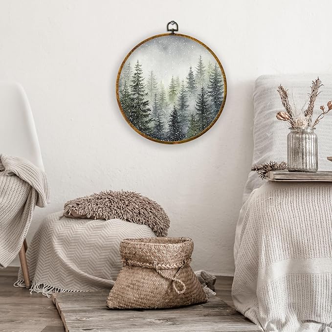 XPH Rustic Christmas Forest Tree Round Wall Art Framed, Farmhouse Winter Pine Tree Landscape Circle Wall Decor, Cozy Winter Hanging Canvas Prints for Home Bedroom Living Room Decoration, 10x10 Inch
