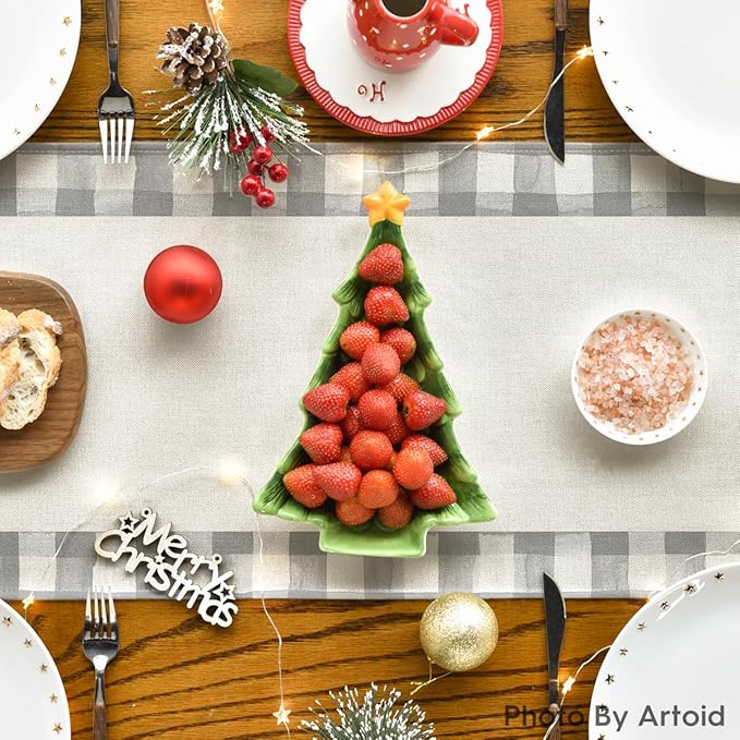 Artoid Mode Waterclor Grey Buffalo Plaid Christmas Trees Merry Xmas Table Runner, Seasonal Winter Holiday Kitchen Dining Table Decoration for Indoor Outdoor Home Party Decor 13 x 120 Inch