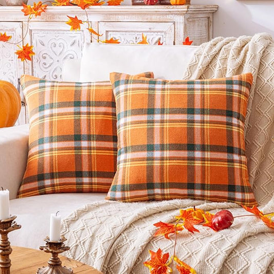 Fall Plaid Orange Green Throw Pillow Covers 20x20 Inch, Set of 2 Autumn Decorative Throw Pillows for Couch Sofa Bed Living Room Home Decor, Accent Pillow Cases for Farmhouse Couch Cushion Covers