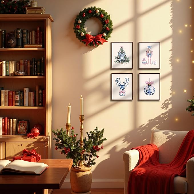 DOFQZ Pink Chinoiserie Christmas Wall Art Prints Set of 4, Grandmillenial Christmas Decor, Preppy Bauble Xmas Tree Nutcracker Reindeer Holiday Posters for Girls Dorm Apartment Decor, 8x10 Unframed