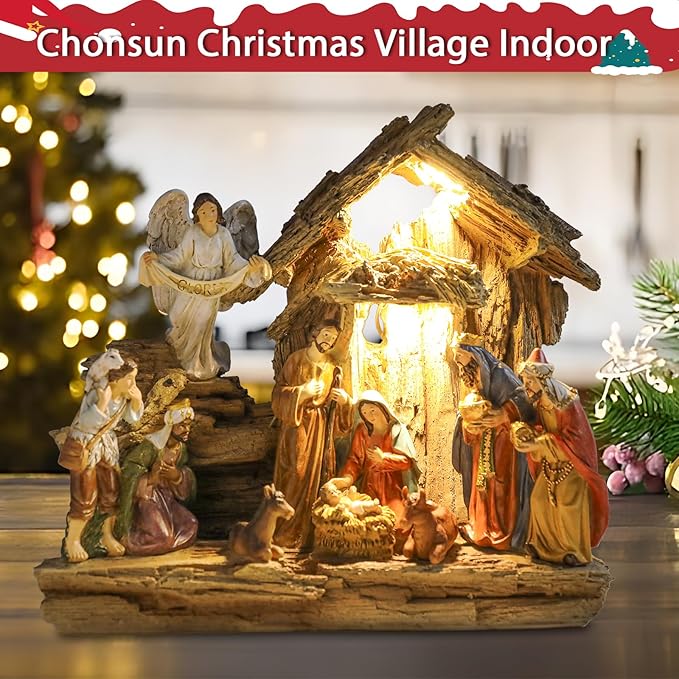 Nativity Sets 9.8 Inch Christmas Village Manger Nativity Scene Indoor Baby Jesus Christmas Decorations Tabletop Scenes Figures Set Christmas Ornaments