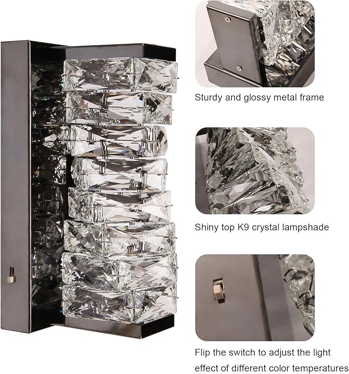 HuisMier Modern Crystal Wall Sconce, Black Dimmable LED Wall Light Fixtures with 3 Color Temperature, Luxury Black Bathroom Wall Sconce for Bedroom Living Room Mirror Stairway Hallway