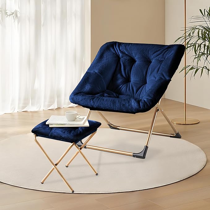 Comfy Oversized Saucer Chair with Ottoman,Soft Faux Fur Reading Lounge Chair for Adults,Stable X-Large Metal Frame and Non-Slip Pad,Cozy Chair for Bedroom, Living Room, Dorm, Office, Blue