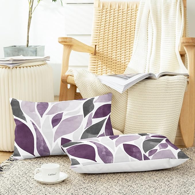CaliTime Throw Pillow Cases Pack of 2 Cozy Fleece Falling Dahlia Floral Flowers Petals Decorative Cushion Covers for Couch Bed Sofa Farmhouse Decoration 12 X 20 Inches Deep Purple Grey