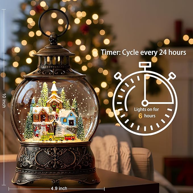 9.8" Christmas Snow Globe Water Lantern with Mountain Village and Train Scene Battery Operated or USB Powered Musical Lighted Holiday Decoration for Tabletop Display for Family and Friend