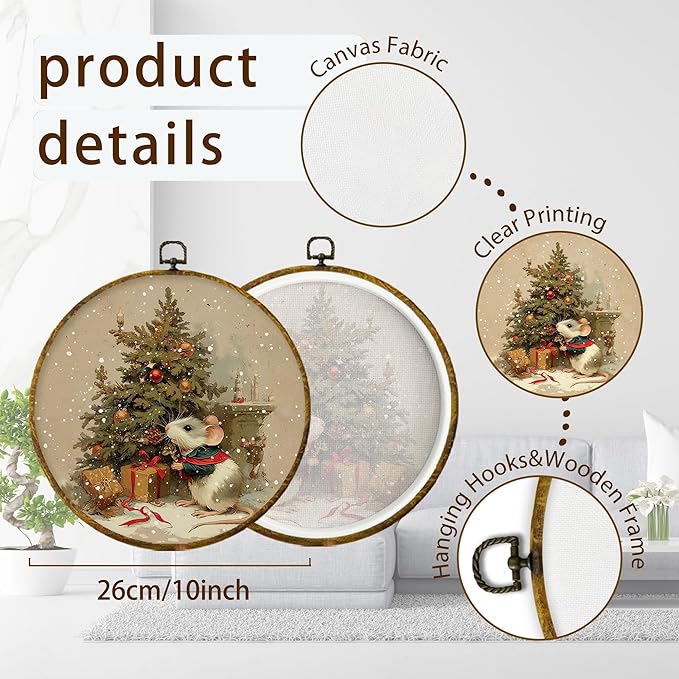 XPH Vintage Christmas Mouse Round Wall Art Framed, Retro Christmas Tree Rat Circle Wall Decor, Cozy Winter Xmas Animal Hanging Canvas Prints for Home Bedroom Living Room Decoration, 10x10 Inch