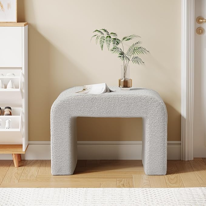 Tribesigns Vanity Stool Chair, Modern Boucle Ottoman Foot Rest for Couch, Large Foot Stool Ottoman, Extra Seating for Living Room, Arched Makeup Stool for Vanity, Fully Assembled, Light Gray, 2 Packs