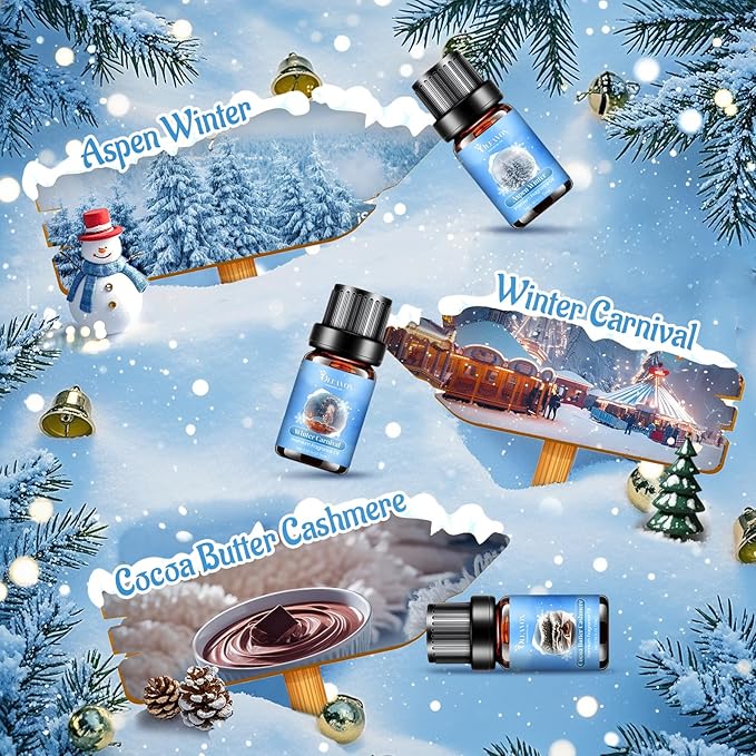 Winter Essential Oils Set, 6 Premium Holiday Fragrance Oil for Diffuser, Candle & Soap Making, Frozen Magic, Winter Wonderland, Hot Cocoa, Frosted Fir, Warm Sweater, Log Fire, Scented Oils for Home