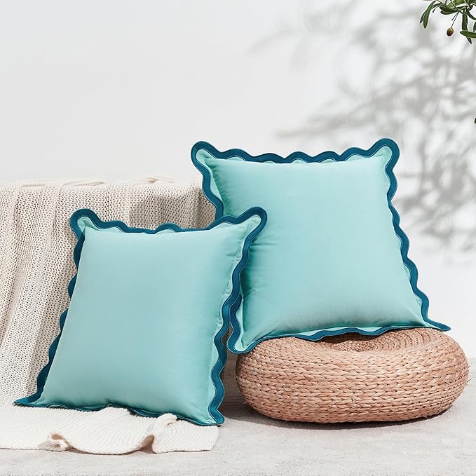 MONDAY MOOSE Decorative Throw Pillow Covers Cushion Cases, Set of 2 Soft Velvet Scalloped Wavy Edge Designs, Mix and Match for Home Decor, Pillow Inserts Not Included (Blue/Light Blue, 18x18 inch)