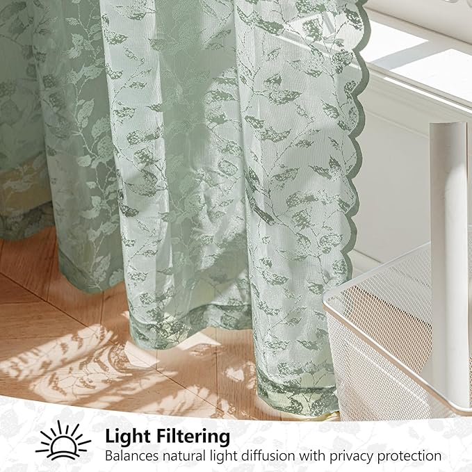 Sage Green Lace Sheer Curtains 63 Inch Length – Vintage Leaf Pattern for Living Room/Bedroom, Light Filtering Rod Pocket Drapes, Privacy Chic Window Treatments, 52W x 63L Inch, 2 Panels