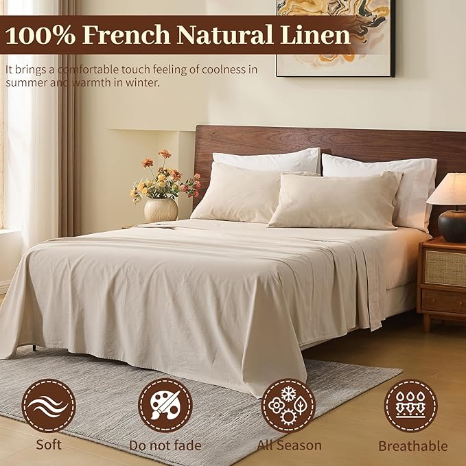 MEISHANG 100% French Pure Linen Sheets Queen Size - Bed Sheets 4 Piece Sets, Soft Durable Flax Linen, Anti-Tear Breathable Oeko-Tex Certified with 16" Deep Pocket (Linen)