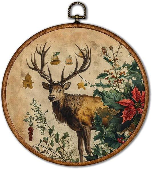 KSDUT Vintage Deer Wall Decor Art - Retro Christmas Wall Art Canvas Frame Hanging Prints, Xmas Holiday Elk Round Wall Art Decor for Farmhouse Home Decorations 10"x10"