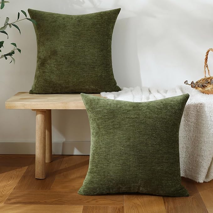 Jeneoo Sage Green Decorative Throw Pillow Covers Soft Chenille Comfy Square Couch Cushion Cases for Living Room Sofa Decor (Set of 2, 20 x 20 Inches)