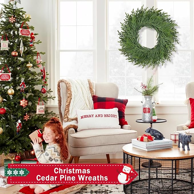 26 Inch Christmas Wreaths for Front Door Real Touch Large Xmas Winter Pine Cedar Wreaths for Windows Outdoor Indoor Christmas Holiday Home Yard Farmhouse Wall Front Door Porch Hanging Decor Clearance