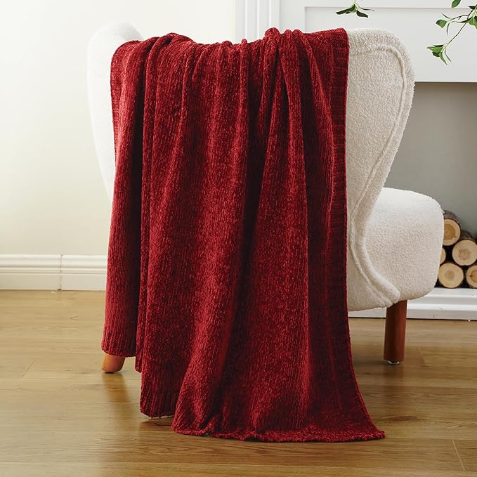 BATTILO HOME Christmas Red Throw Blanket for Couch, Chenille Knit Blanket for Sofa, Chair, Christmas Decor, Super Soft Blanket, 51"x67"