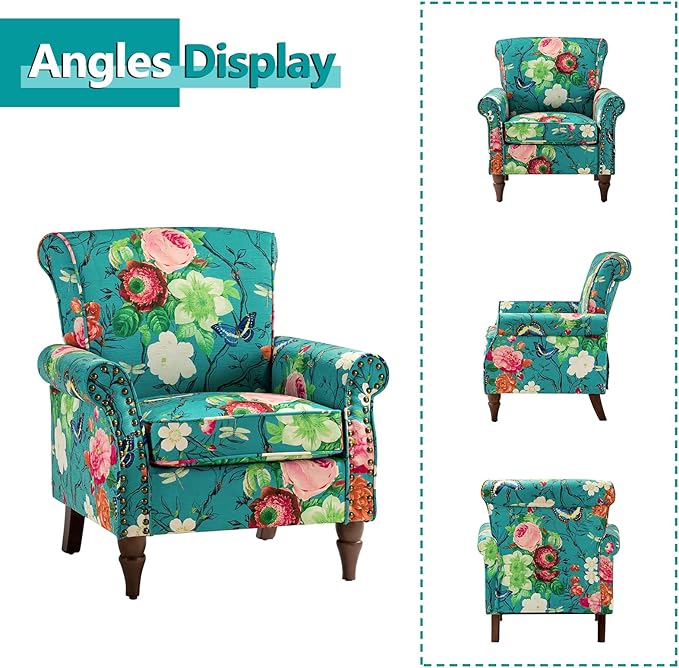 HULALA HOME Modern Wingback Accent Chairs Set of 2 with Wood Legs & Removable Cushion, Comfy Upholstered Armchairs with Nailhead Trim, Floral Pattern Single Sofa Chairs for Living Room Bedroom, Blue