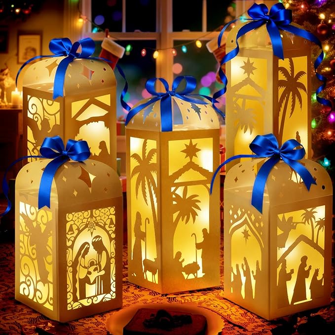 OuMuaMua Christmas Nativity Centerpiece Table Decorations, 6 Pcs Light Up Nativity Scene Paper Lanterns Decorative Glitter Table Centerpiece Boxes for Religious Xmas Holiday Party Home Decor