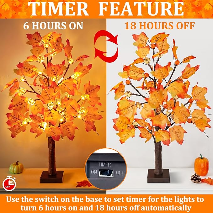 2 Pack 24 Inch Lighted Fall Maple Tree for Fall Decorations with 48 LED Timer Battery Operated Artificial Fall Light up Trees for Home Indoor Outdoor Autumn Harvest Thanksgiving Table Decor
