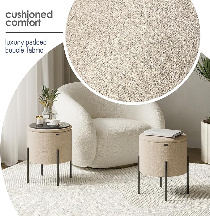 StorageBud Round Ottoman with Storage, Boucle Storage Ottoman, Foot Stool Ottoman, Makeup Vanity Stool, Small Ottoman Foot Rest, Modern Ottomans for Living Room and Bedroom, Beige