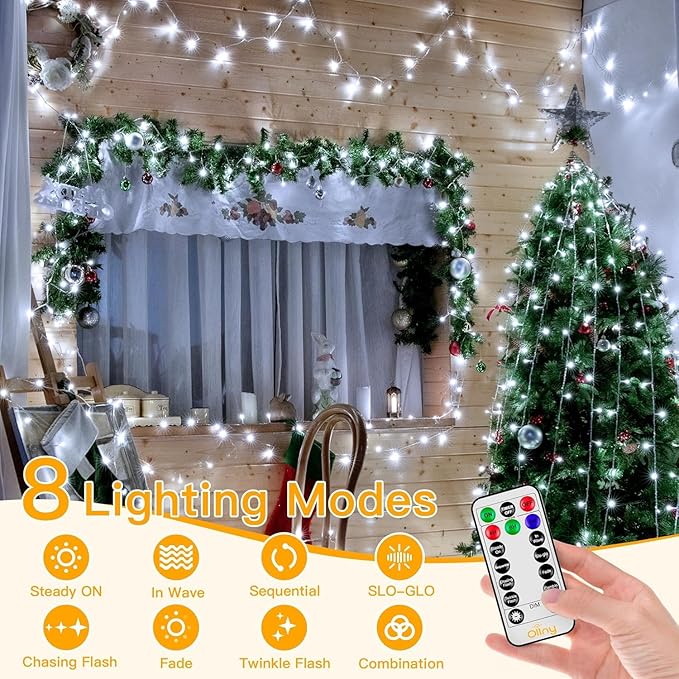 Ollny Christmas Lights Outdoor 400LED 131FT, Cool White Fairy Lights with Remote 3 Timer, Plug in 8 Modes String Lights for Bedroom Indoor Outside House Party Xmas Decorations