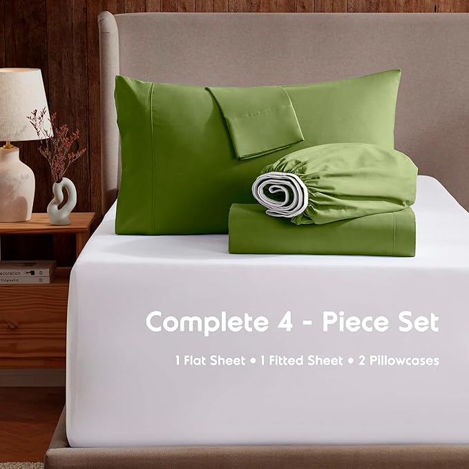 Nestl Extra Deep Twin Sheet Set - 4 Piece Breathable & Cooling Sheets - Hotel Luxury Bedding Set w/18-24 Inch Deep Pockets - Easy & Secure Fit - Super Soft, Wrinkle Free & Comfy - Calla Green