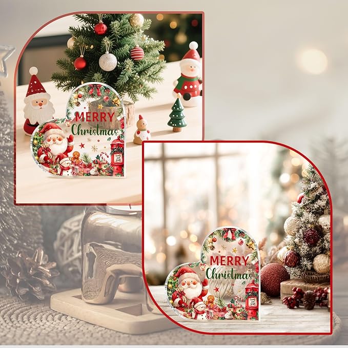Christmas Home Decorations 3.9 Inch Christmas Plaque Acrylic Santa Decor Plaques for Family Friends Table Decor