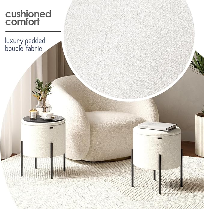 STORAGEBUD Round Ottoman with Storage, Boucle Storage Foot Stool, Makeup Vanity Stool, Small Ottoman Foot Rest, Modern Ottomans for Living Room and Bedroom, White