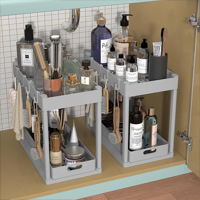 2PC Under Sink Organizer Rack 2 Tier Under Sliding Cabinet Basket Organizer Drawer with 4 Hooks, Multi-purpose Under Sink Storage for Bathroom Kitchen Desktop(Grey)