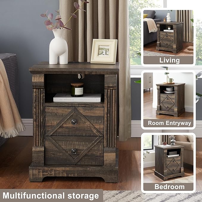 Farmhouse Nightstand with Charging Station, 18" Modern Wood Side Table, 2 Drawers End Table & Roman Column Design for Living Room, Bedside Table with Open Shelf for Bed Room, Dark Rustic Oak