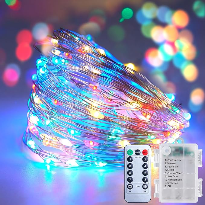 33Ft 100LED Outdoor String Lights, Fairy Lights Battery Operated with Remote, Waterproof Twinkle Lights for Bedroom Dorm Patio Tapestry Backyard Garden Party Indoor Christmas Decoration, Multicolor
