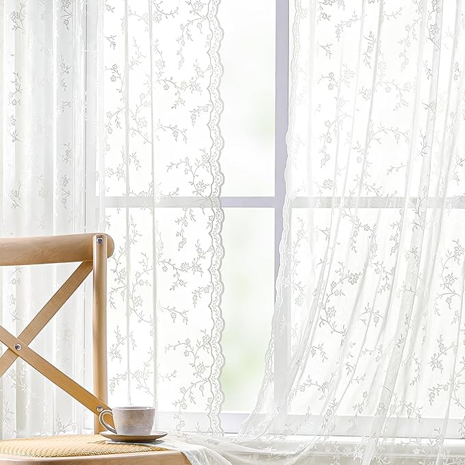 Sheer Lace Curtains 63 Inches Long, Vintage Floral Light Filtering Ivory Lace Curtains for Living Room & Bedroom, Rod Pocket, 2 Panels Set, Branch Pattern (Ivory, 52" W x 63" L)
