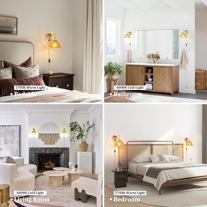 Vintage Wall Sconce, Wall Lamps with Coffee Stone Triangle Checker Sconce, Stained Glass Shade Gold Wall Lights Fixture with Plug in Cord and Switch for Bedroom Bathroom Living Room Hallway