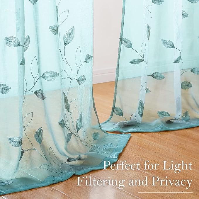 HOMEIDEAS Turquoise Aqua Sheer Curtains 52 X 63 Inches Length 2 Panels Embroidered Leaf Pattern Pocket Faux Linen Floral Teal Voile Window Drapes for Bedroom Living Room
