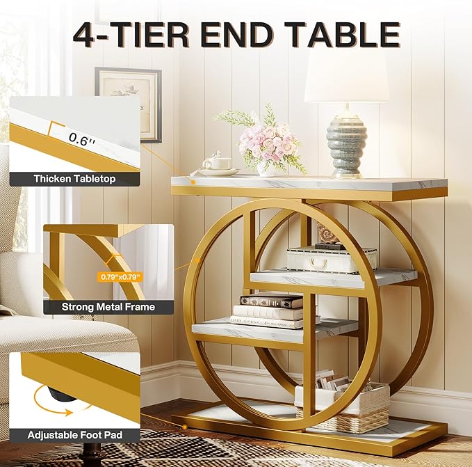 Tribesigns End Table Set of 2, Narrow Faux Marble Side Table with Storage Shelves, 4-Tier Modern Skinny Sofa Side Table with Geometric Metal Frame for Bedroom, Living Room, White & Gold